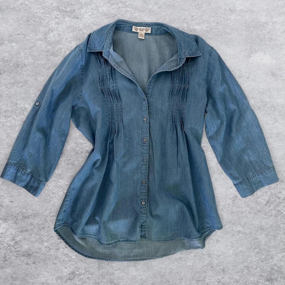 Vintage America Blues Blue Denim Pintuck Pleated Roll Tab Sleeve Tunic Shirt L - Picture 2 of 7